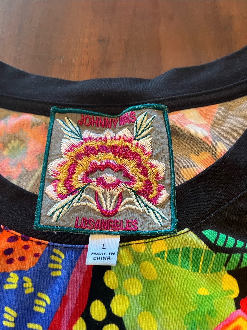 Johnny Was Girls Multicolor Floral Patch Tee with Black Neckline